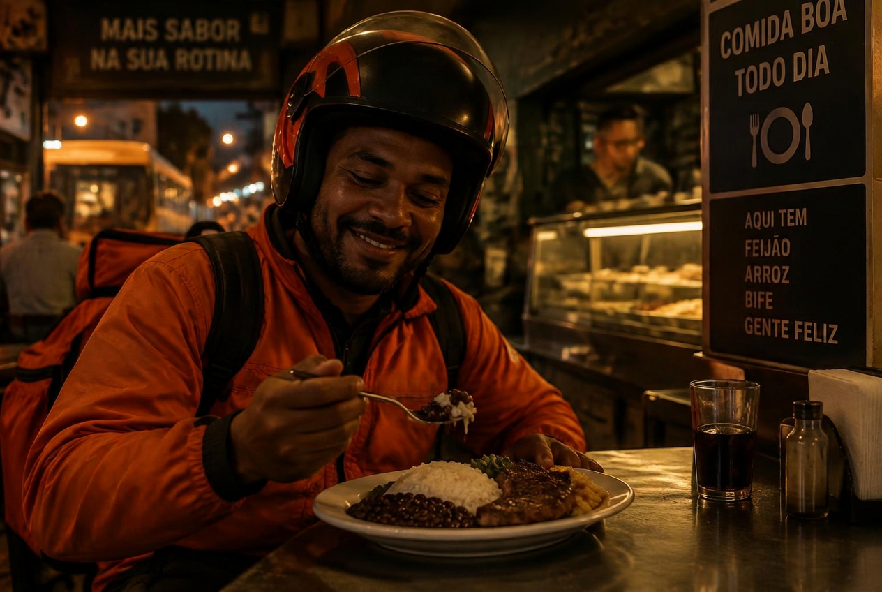Entregador de aplicativo almoçando em um restaurante parceiro
